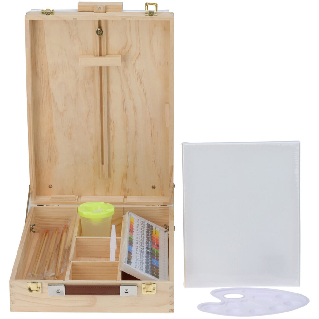 Mal-Set in edler Kiefernholzbox, 18 Acrlyfarben-Tuben, Palette, Pinseln uvm.