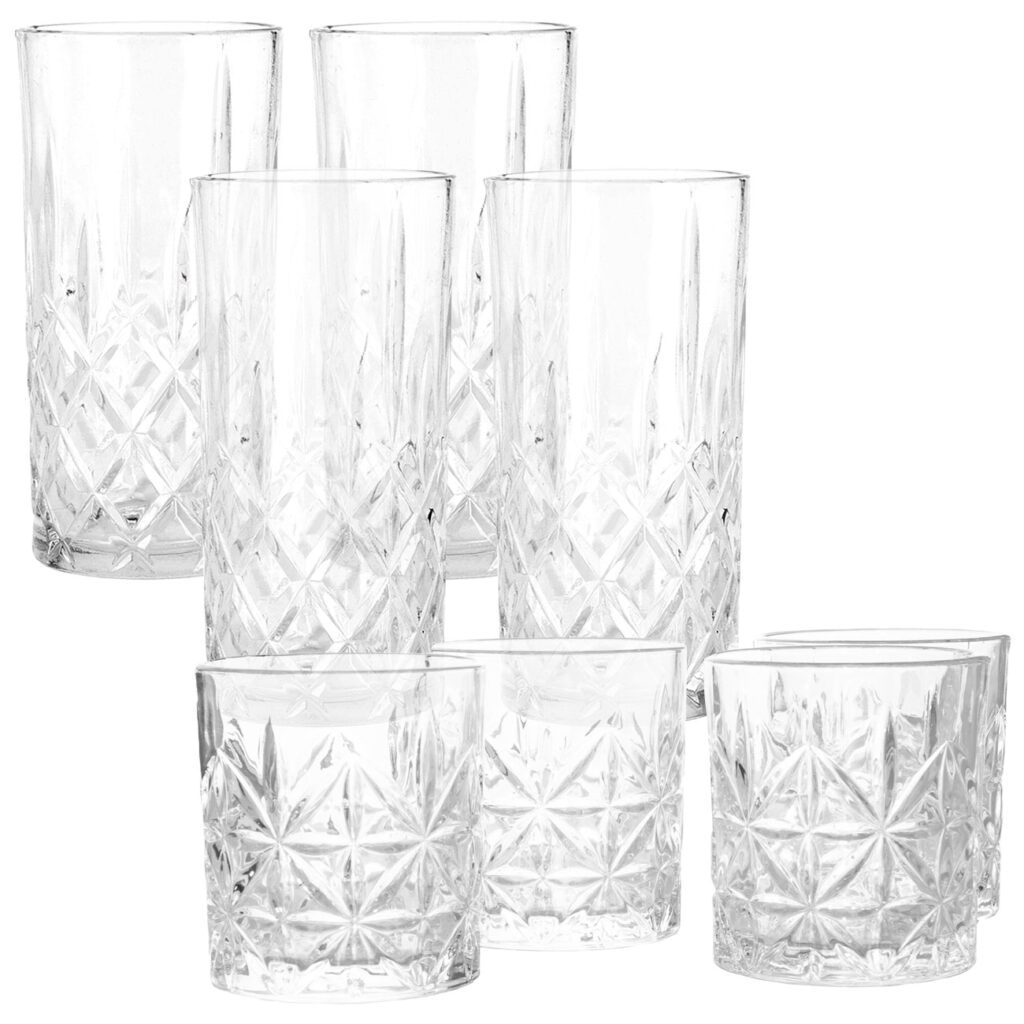 Gläser-Set, 4 x Longdrinkgläser und 4 x Whiskeygläser, Kristall-Look