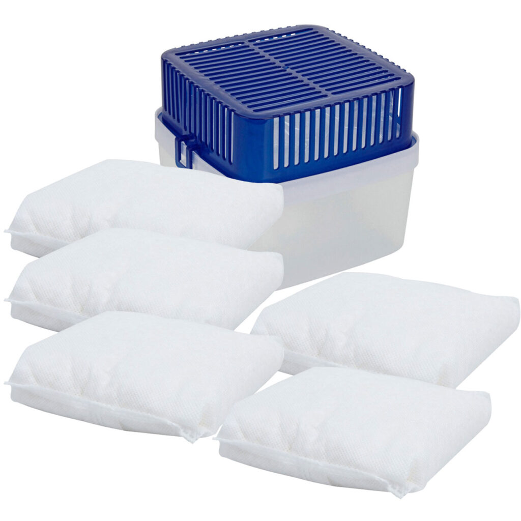 Luftentfeuchter, 1,8 Liter mit Nachfüllpack Granulatbeuteln, insg. 5 Stk.