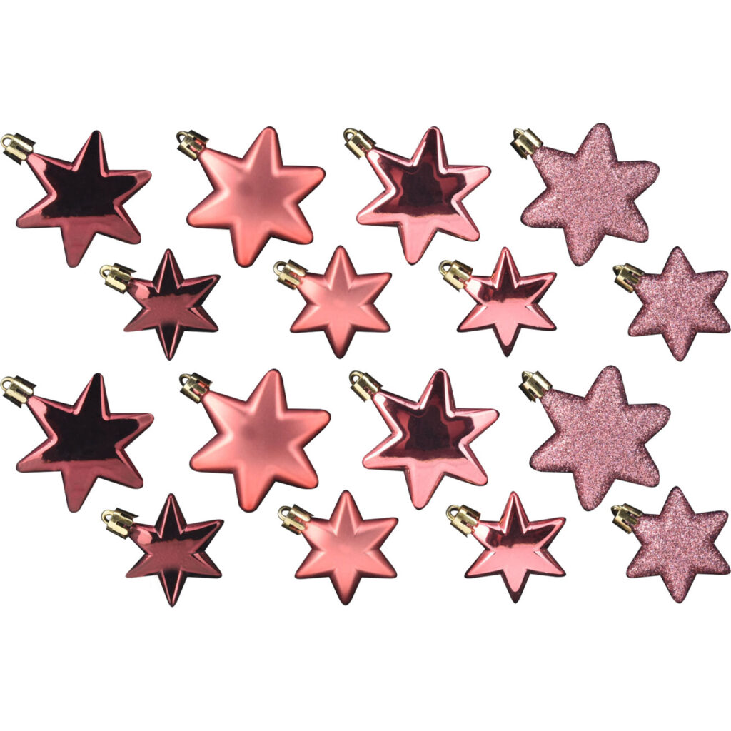 Weihnachtskugeln „Stern“,16 Stk., Rosé/Fuchsia/Glitzer, je 8x Ø 6cm/5cm