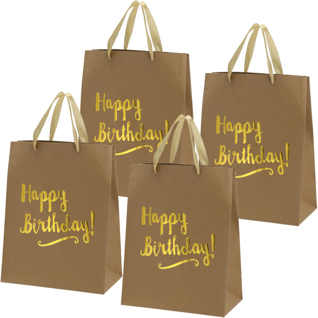 4er-Set Geschenktüte aus Papier Happy Birthday, Geschenktache mit Henkel, 27 x 34 x 15 cm