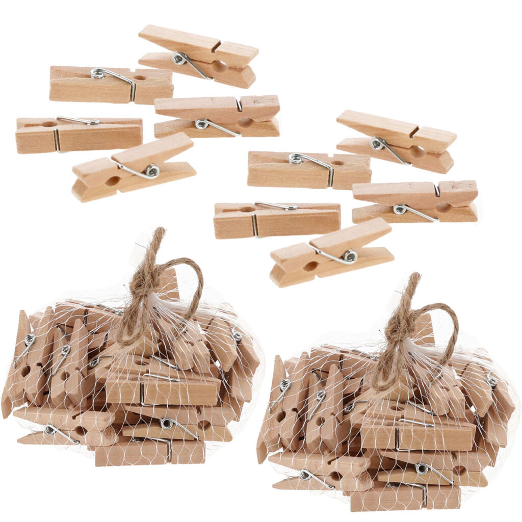 64 Mini-Wäscheklammern im Netz, Holz Klammern aus Kiefernholz, je 1 x 3,5 cm