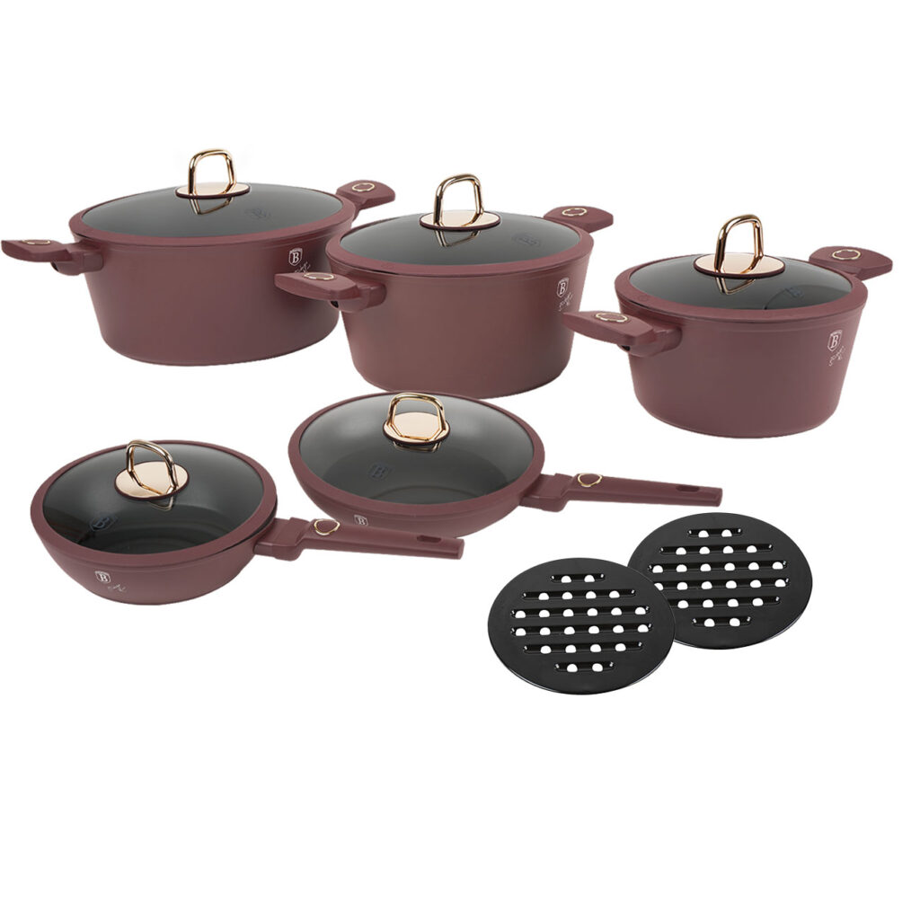 Design Kochset inkl. Untersetzer, 10-teilig, bordeaux