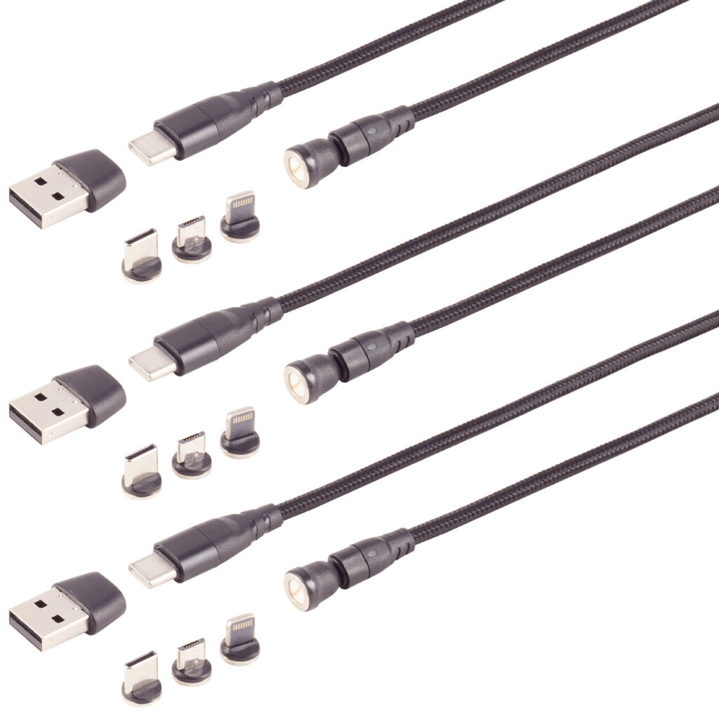 3er-Set 6in1 Magnet Ladekabel, PD 60 W, USB-C/A auf Micro-B, USB-C & Lightning, 2m
