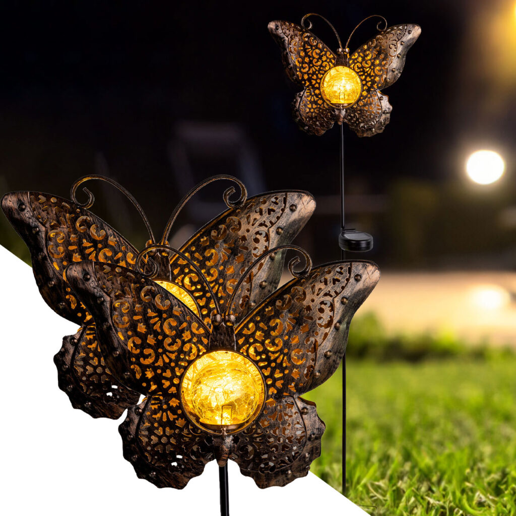 2er-Set Solar-Schmetterlingsdeko, LED-Solar- Gartenstecker, H 102 cm