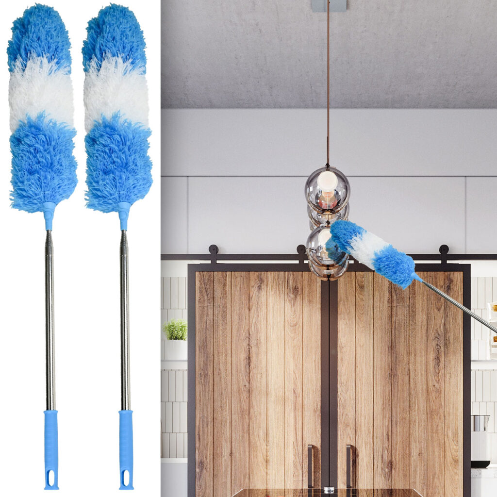 2er-Set Staubwedel mit Teleskop-Griff aus Edelstahl, 78 – 248 cm, blau/weiss