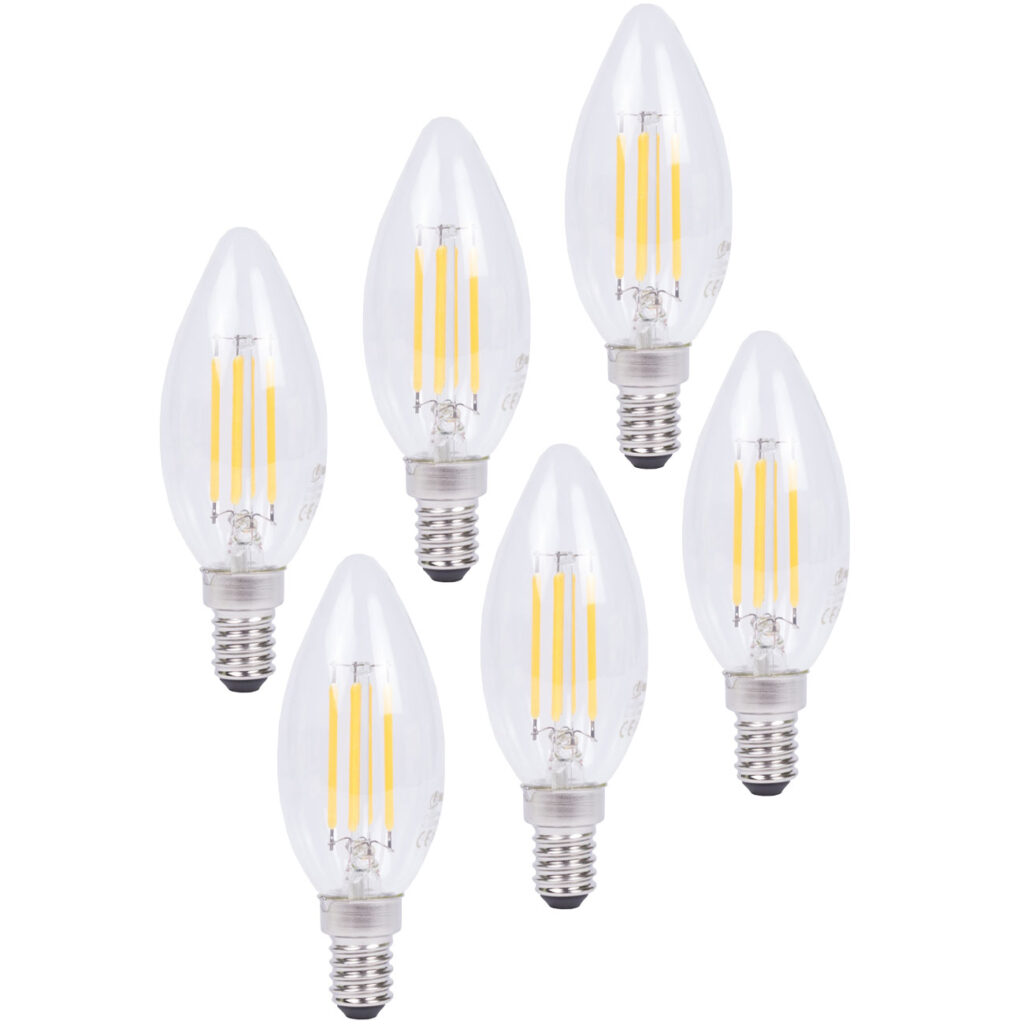 6er-Set LED-Filament-Kerzenlampe, C35, E14, 400 lm, 4 W, 2500 K, warmweiss