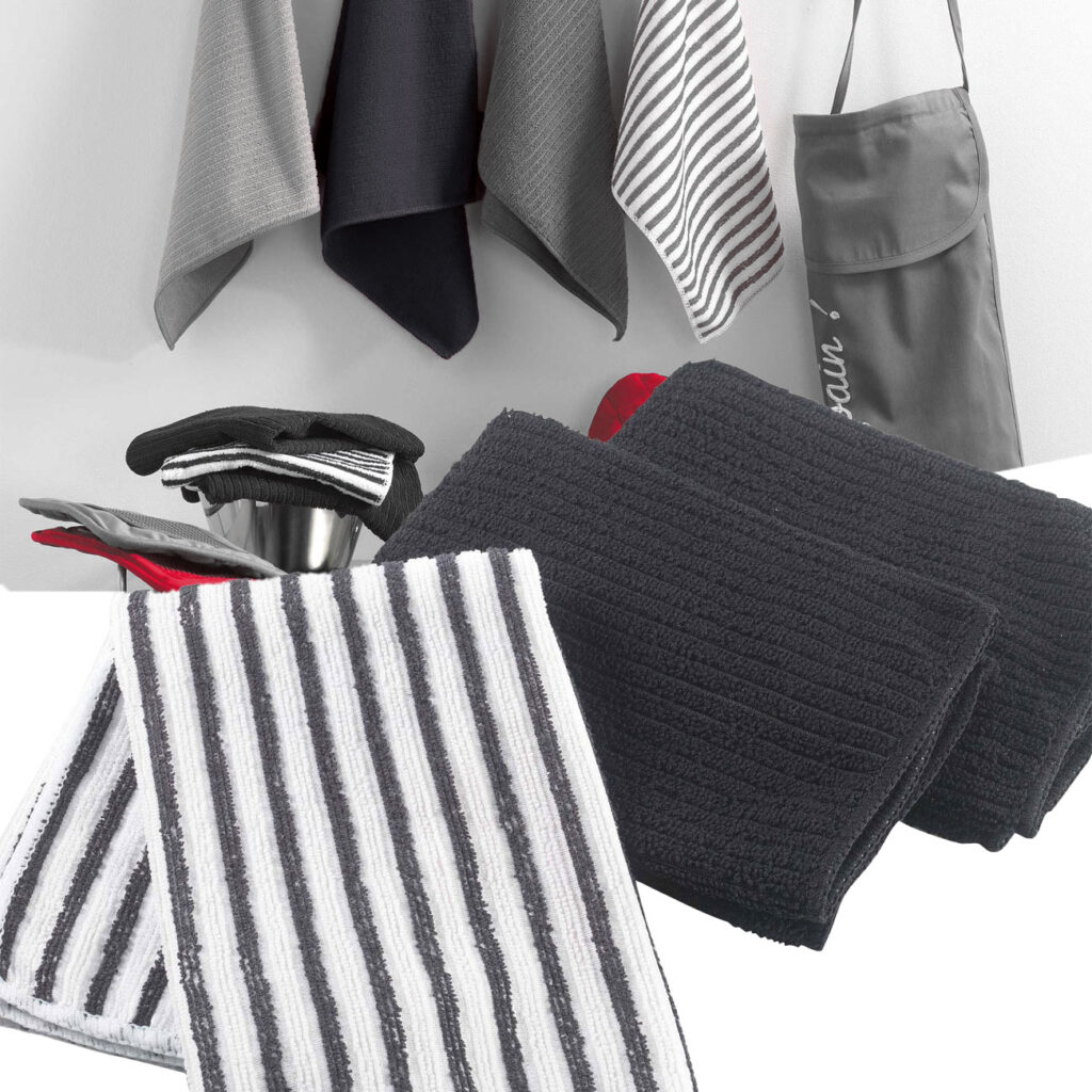 3 Geschirrtücher Mikrofaser, schwarz uni, Streifen, 40 x 40 cm
