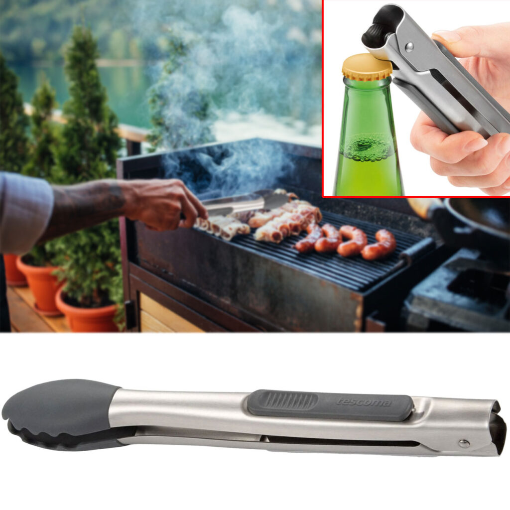 Grillzange aus Edelstahl, mit Verriegelung mit Silikon-Greifern, 34 cm