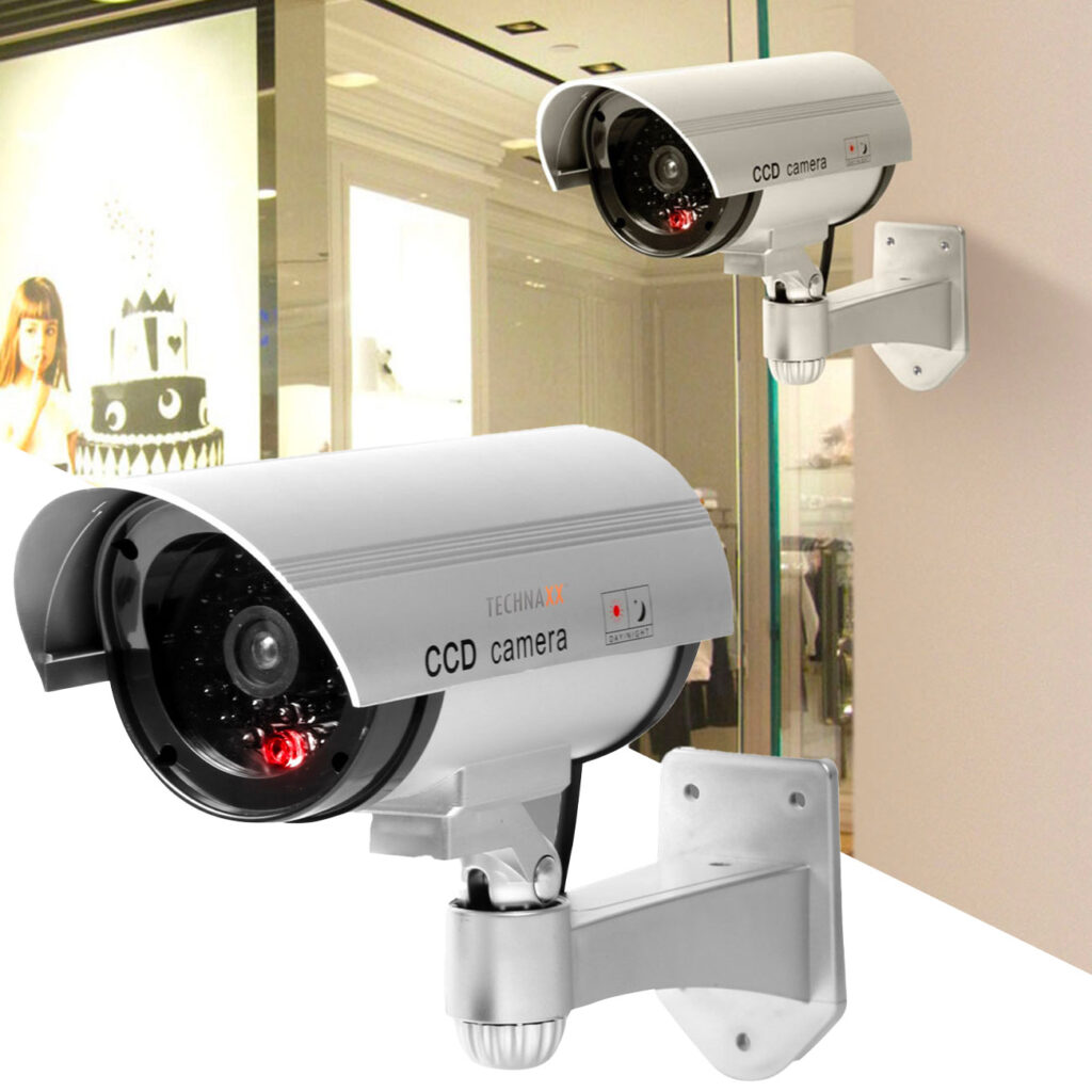 Überwachungskamera Attrappe mit Signal-LED, Dummy, grau