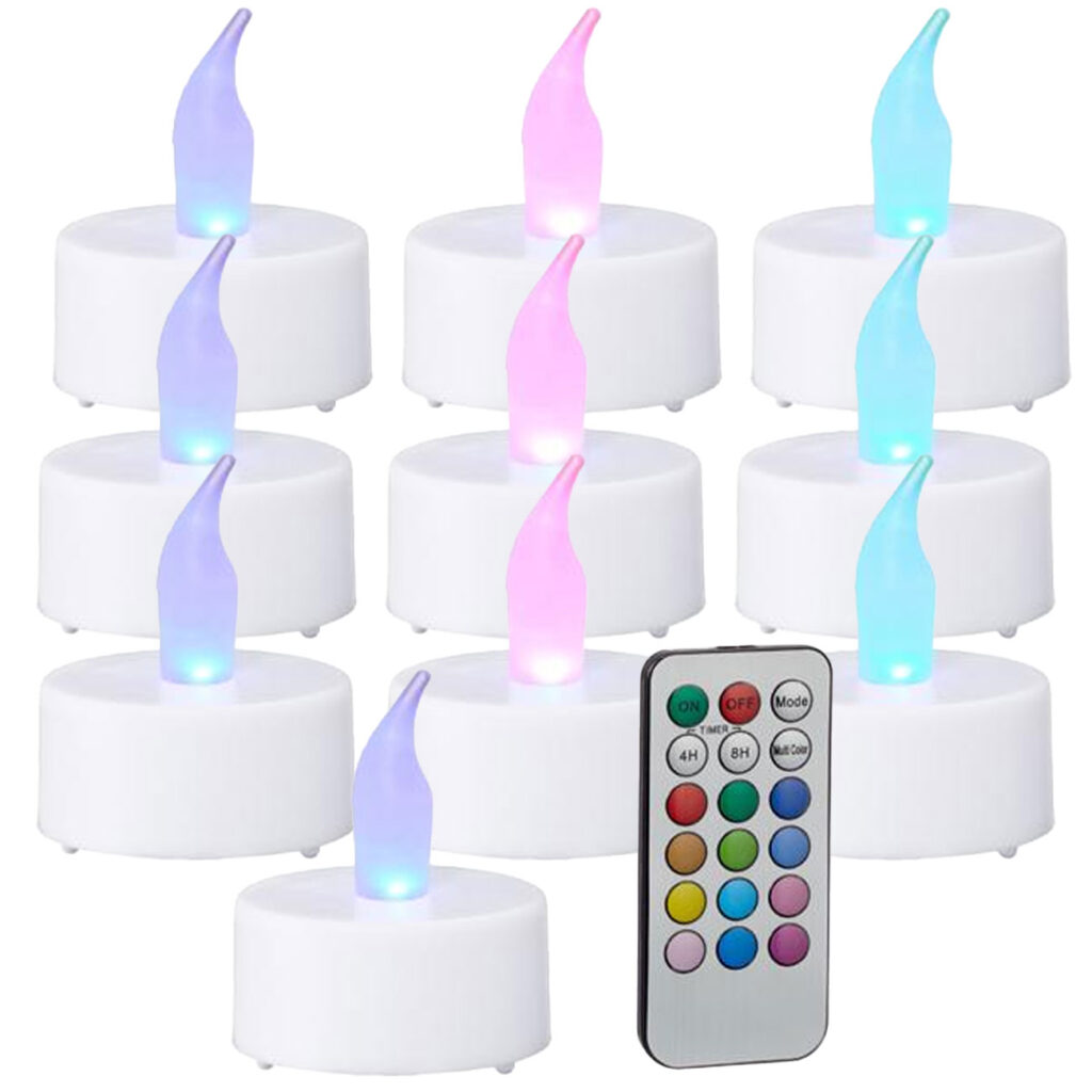 LED-Teelicht-Set, 10 Stück, bunt, inkl. Fernbedienung und 4/8h Timer, Ø 4cm