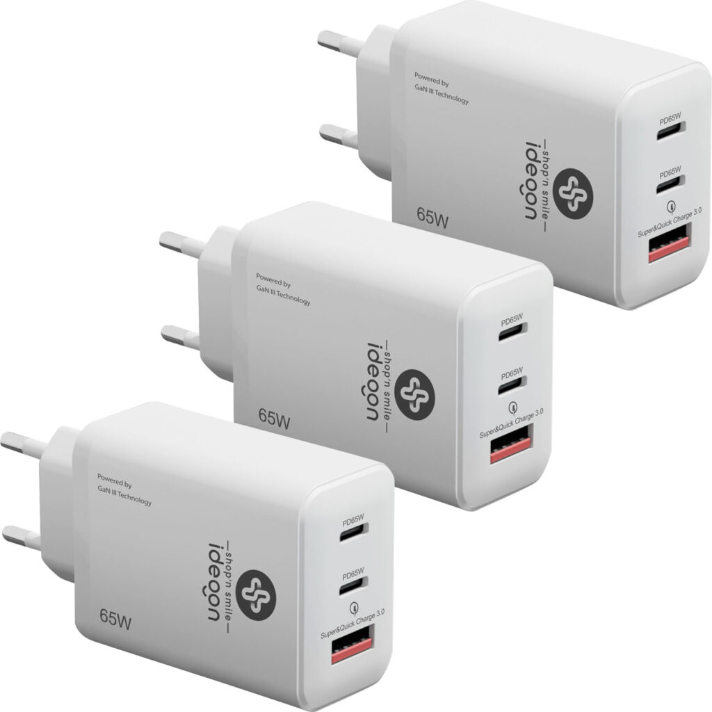 3er-Set USB Ladegerät, 3 Ports, 65Watt, 2x USB-C und 1x USB-A, PD- & QC, weiss, GaN III