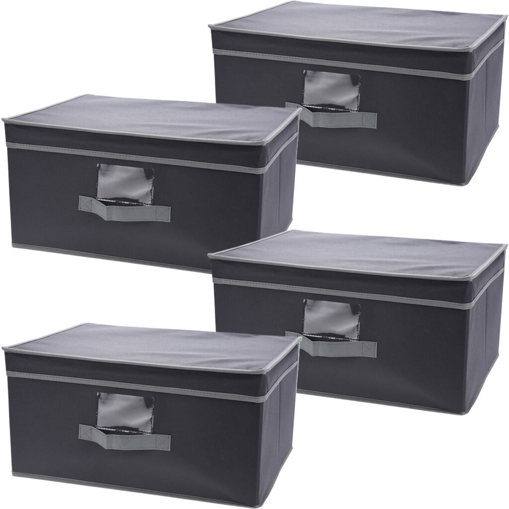 4er-Set Aufbewahrungsbox mit Deckel & Henkel, faltbar, 31 x 15,5 x 28 cm, schwarz