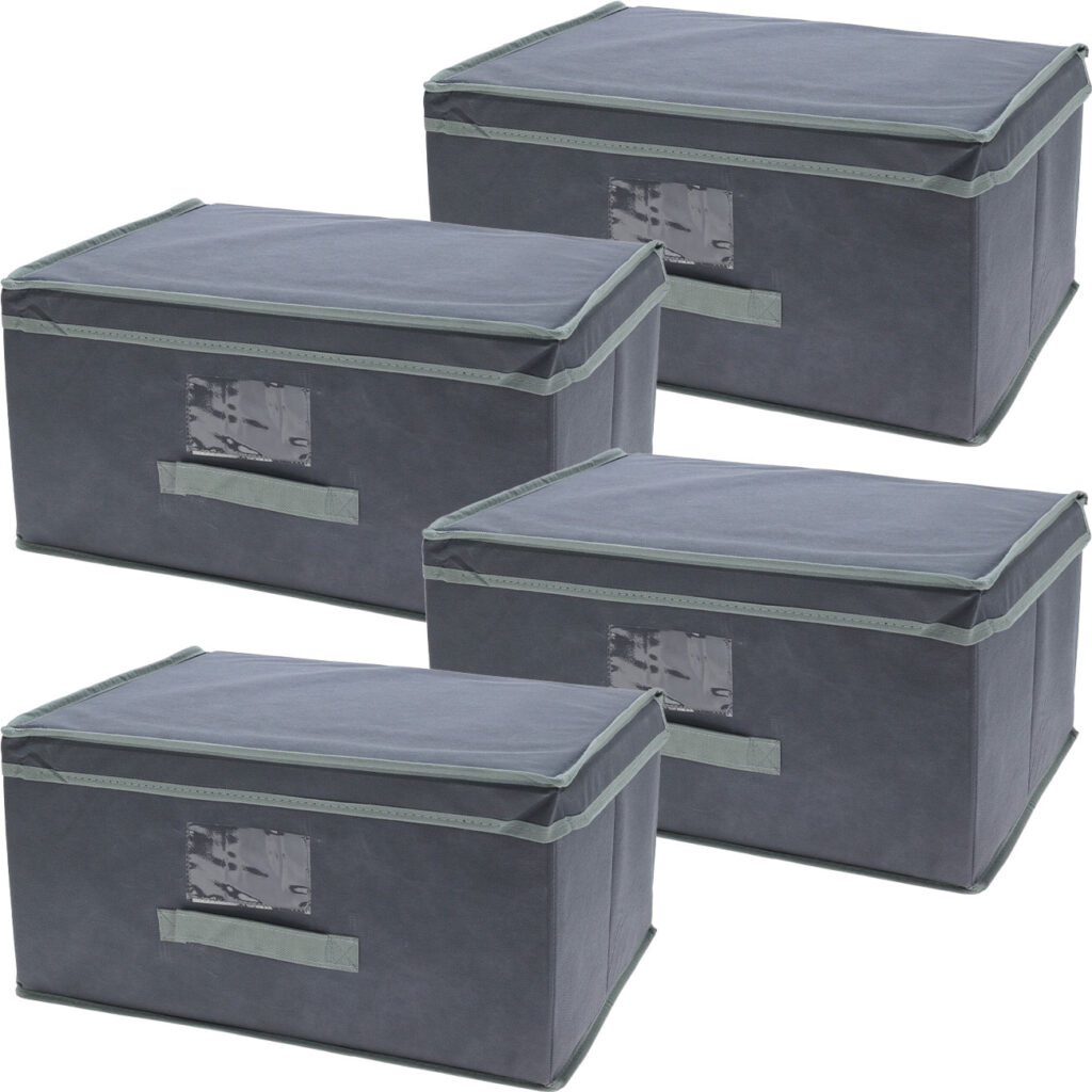 4er-Set Aufbewahrungsbox mit Deckel & Henkel, faltbar, 44 x 22 x 33 cm, grau