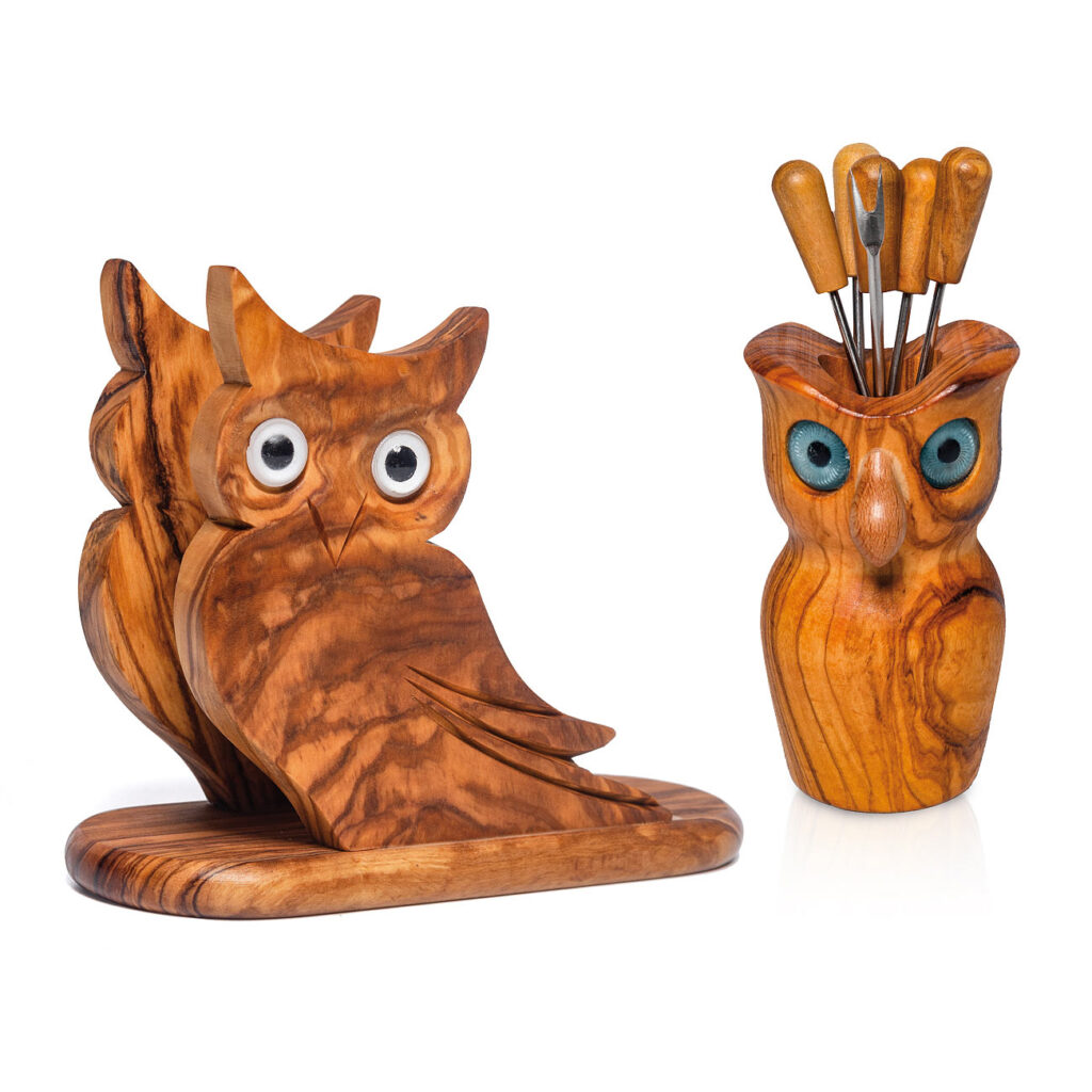 Eulen-Set, mit 6 Snackgabeln + Serviettenhalter, Olivenholz, 8-teilig