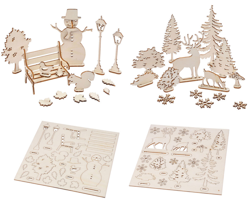 2er-Set 3D-Puzzle-Dekorationen aus Naturholz, Tannenbaum und Schneemann