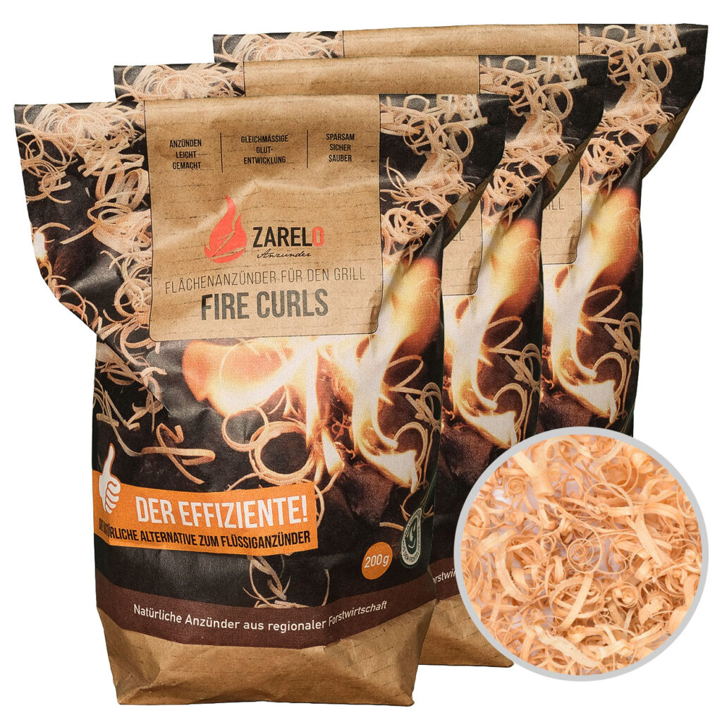 3er-Set Firecurls aus Holz, Flächenanzünder für den Grill und Kamin, 3 x 1 Tüte je 200 g