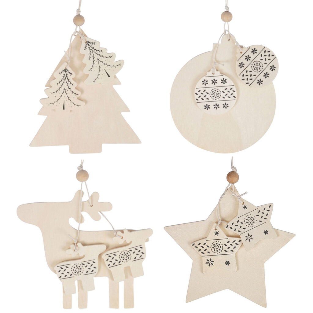 4er-Set Anhänger aus Holz, Rentier, Weihnachtskugel, Christbaum und Stern, zum Aufhängen