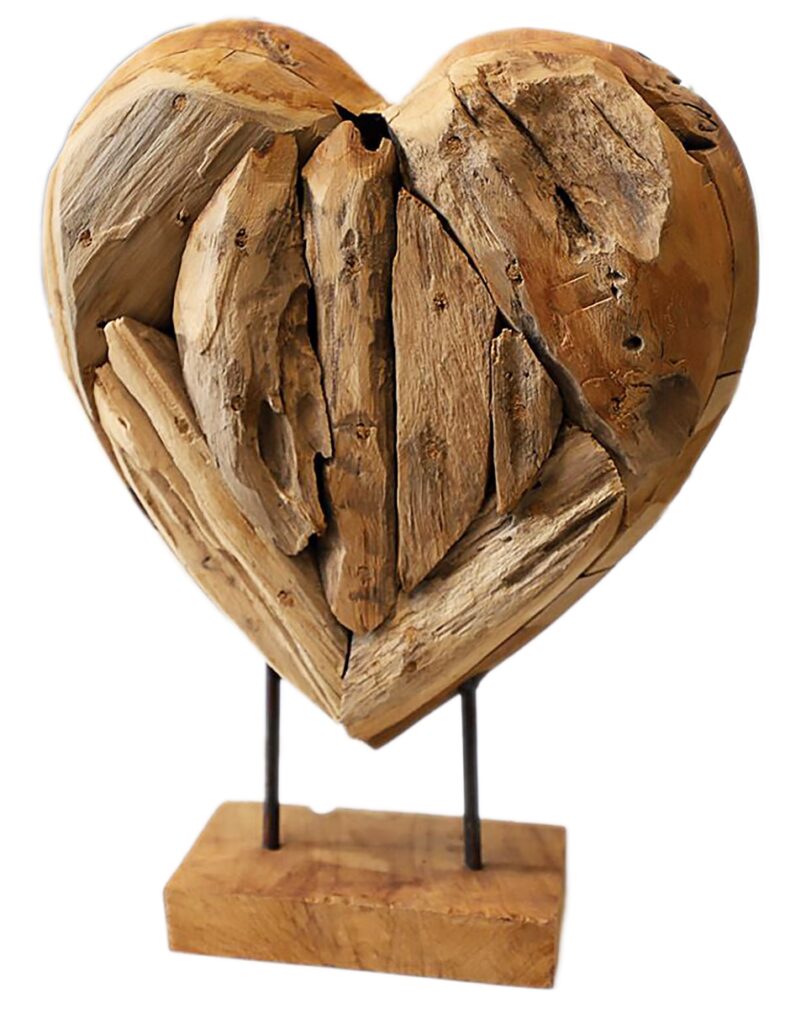 Teakholz-Herz-Skulptur auf Sockel, Dekoherz Liebe, 24 x 30 x 8