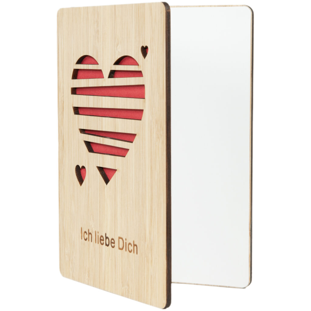 Grusskarte aus Bambus, Herz, Ich liebe Dich, rot, Klappkarte