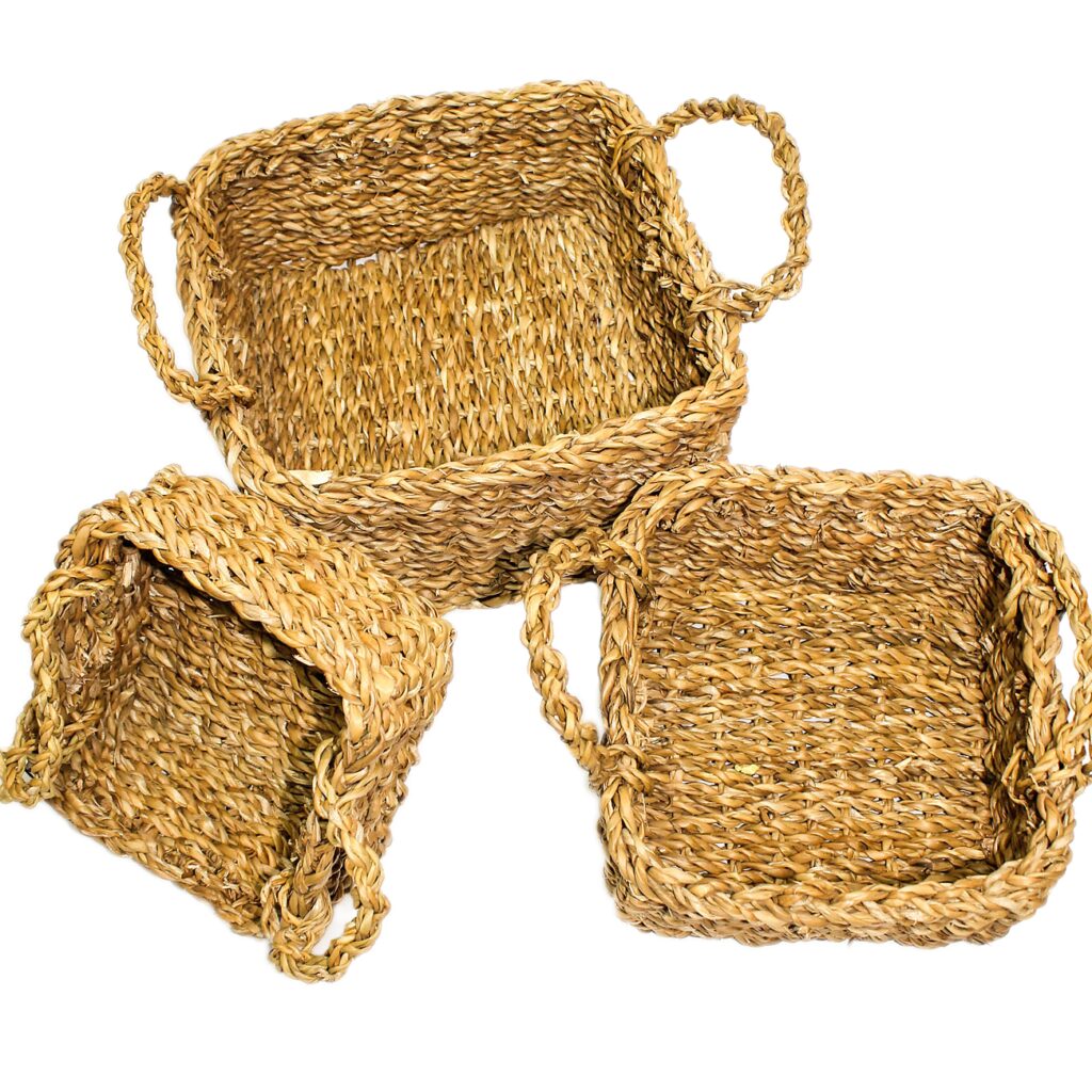 3-teiliges Körbe-Set aus Seegras, jeweils 2 Henkel, braun, viereckig