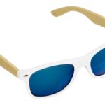 Sonnenbrille Bambus, hellbraun, weisser Rahmen, Spiegelgläser blau
