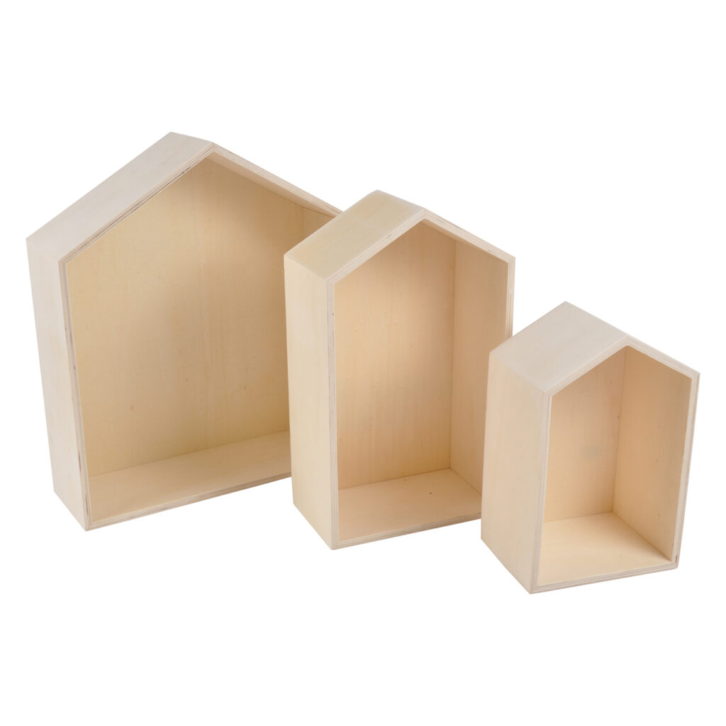 3er-Set Regale aus Holz in Haus-Form, 22 cm, 30,3 cm, 34,5 cm