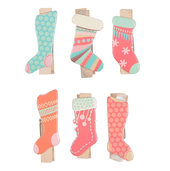 Klammern aus Holz, Weihnachtsssocken, Mini Dekoklammern