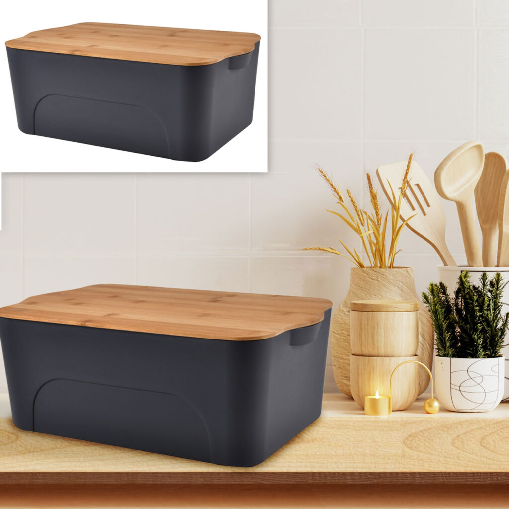 Aufbewahrungsbox mit Deckel, Kunststoff und Bambus, 40 x 27 x 15 cm, anthrazit