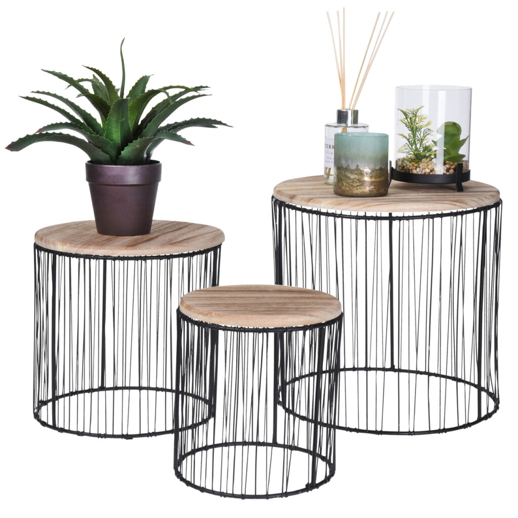 3er-Set Beistelltische, Holz und Metall, schwarz & braun