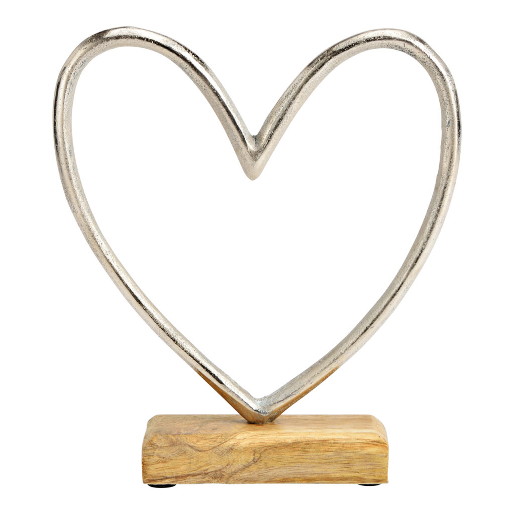 Aufsteller Herz aus Metall auf Mangoholz-Sockel, braun, silber, 19 x 21 x 5 cm