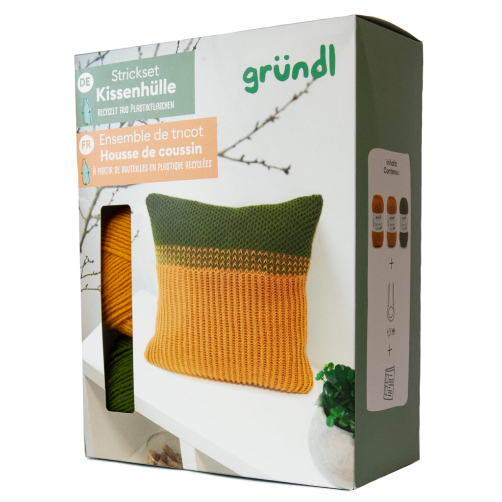 Strick-Set Kissenhülle, grün-orange, aus recycelten Rohstoffen