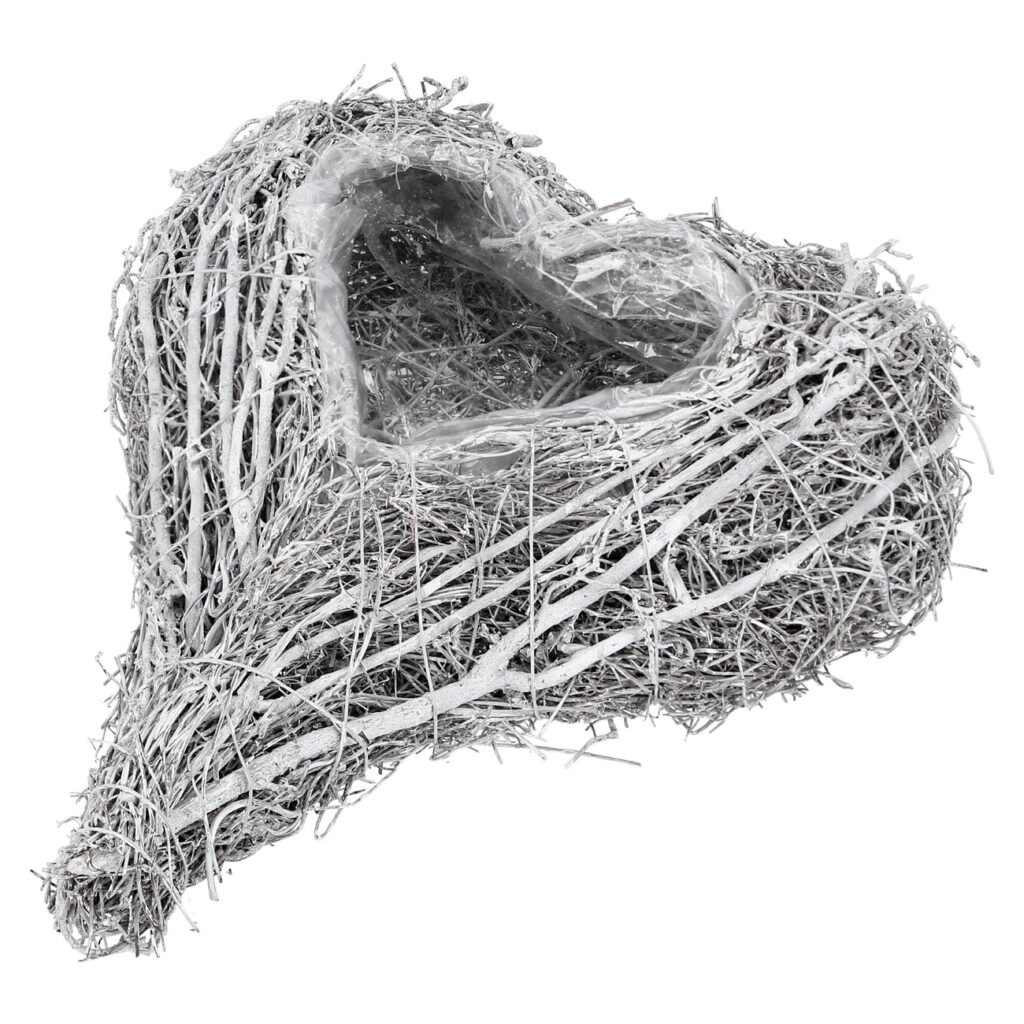 Naturdekoration in Form eines Herzens, Pflanztopf aus Ästen, weiss gekalkt, 25 x 20 x 5