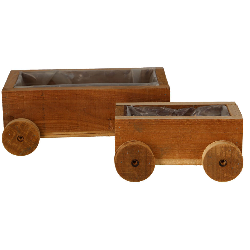 2er-Set Holz Pflanzentöpfe, Pflanztöpfe in Form eines Karrens, mit Rädern und Innenfolie