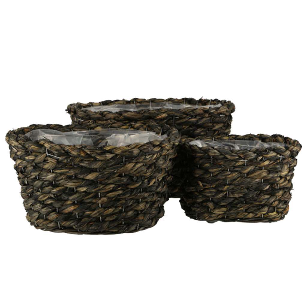 3er-Set Natur Pflanzentöpfe aus Gras-Geflecht, Übertöpfe mit Innenfolie, dunkelbraun