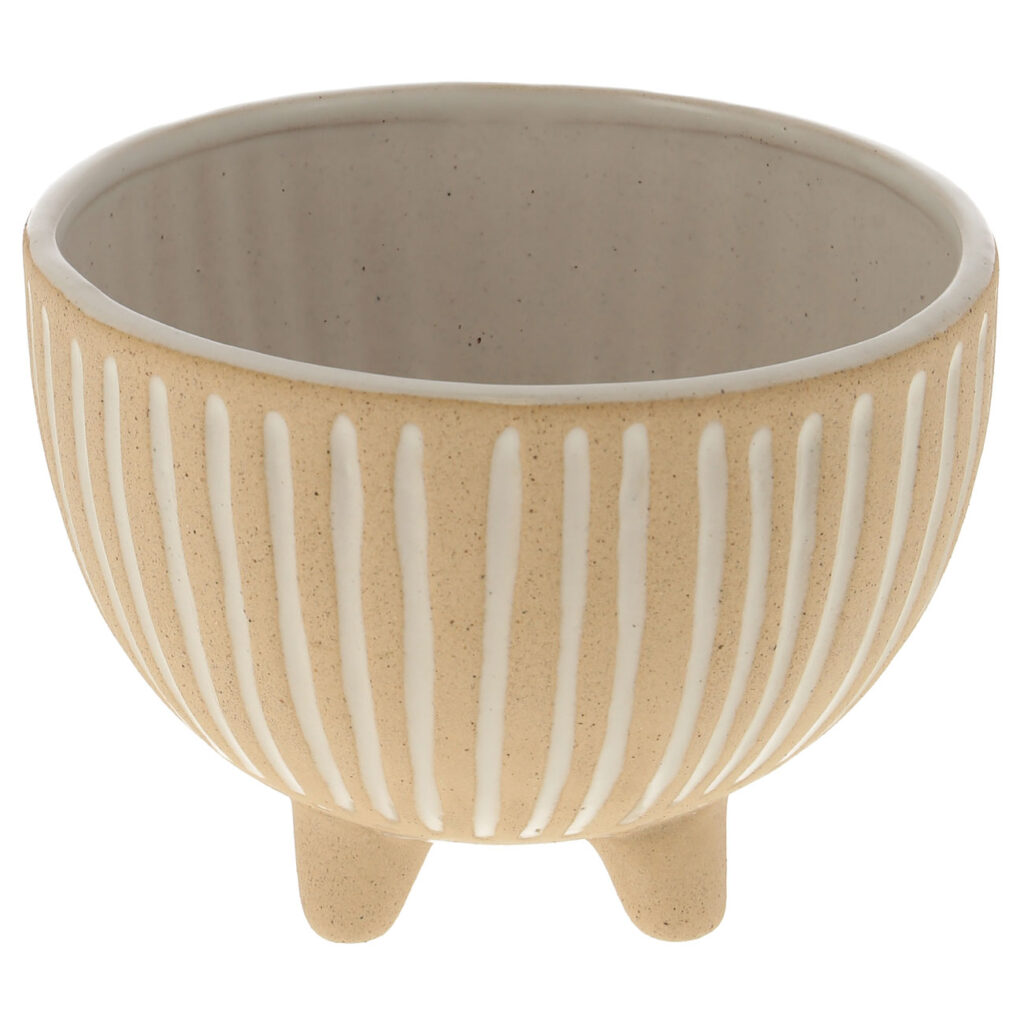 Blumentopf aus Keramik, Keramikschale mit 3D-Design weiss gestreift, beige, 14 x 10 cm
