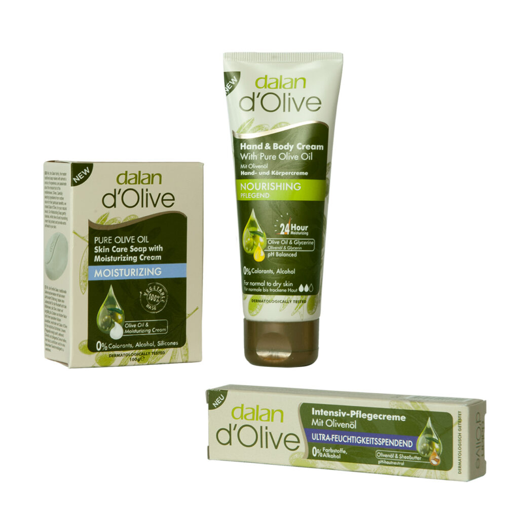 3er-Geschenkset Olive, Intensivcreme (20 ml), Feuchtigkeitscreme (60 ml) und Seife (100 g)