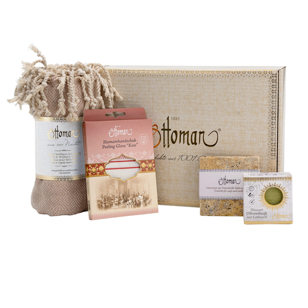 4er-Geschenkset mit Peelinghandschuh, Olivenölseife, Seifenschale, Hamamtuch