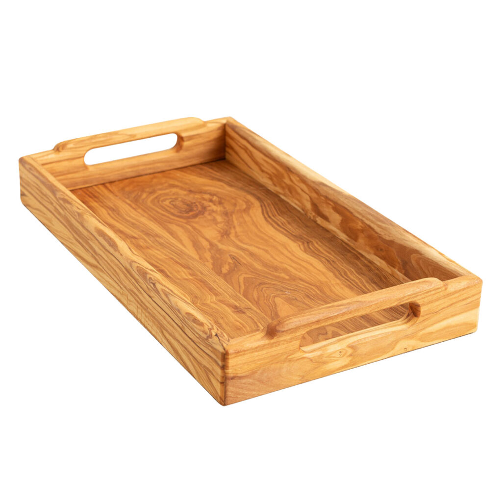 Serviertablett aus Olivenholz, Holztablett mit zwei Tragegriffen, 41 x 24 x 6 cm