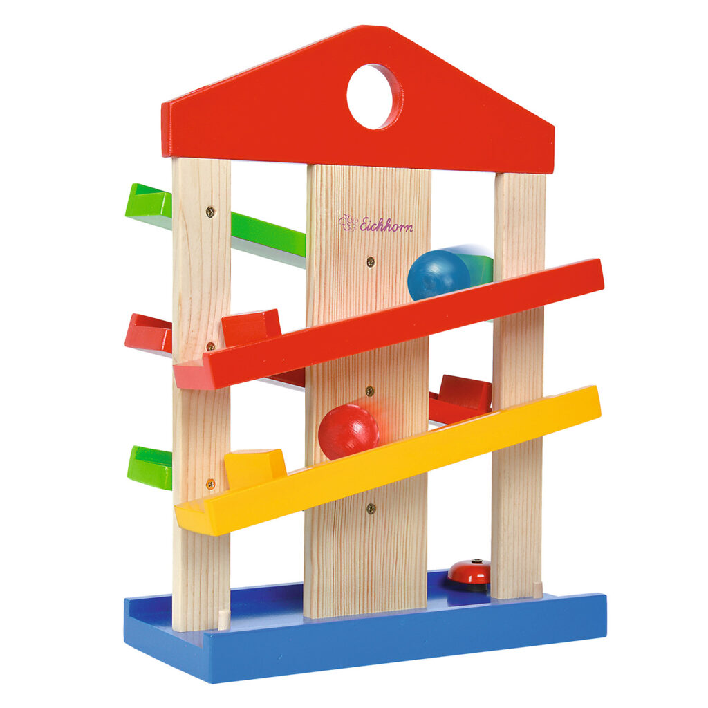 Kugelbahn aus Holz 4-teilig, Lernspielzeug mit drei Kugeln und Glocke, 25 x 12 x 34 cm