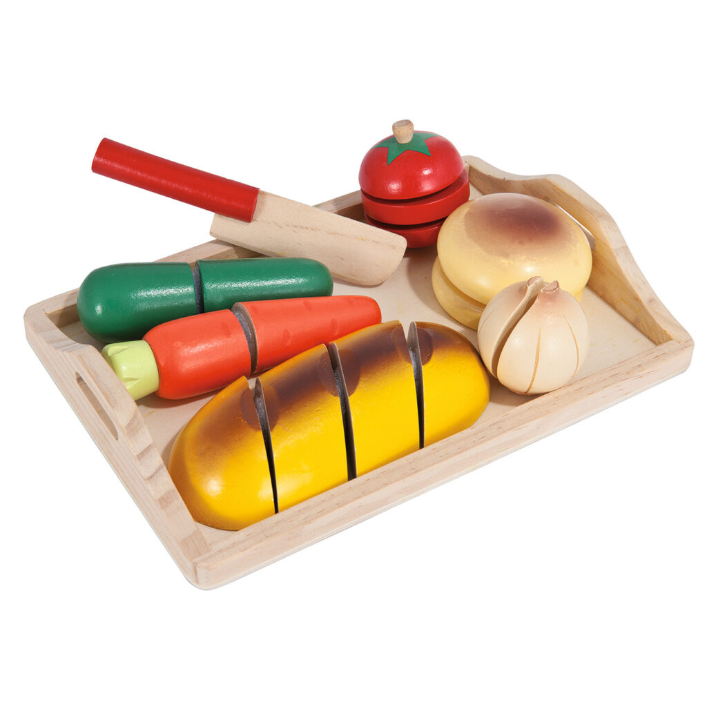Kinderschneidebrett mit Lebensmittel 12-teilig, Lernspielzeug aus Holz, 3.5 x 14.3 x 25 cm