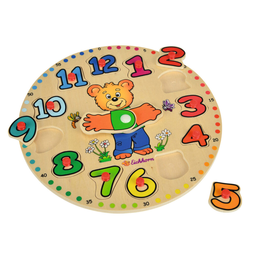 Lernuhr Bär aus Holz, Lernspielzeug Uhr mit 12 Steckteilen, 25 x 25 x 4 cm