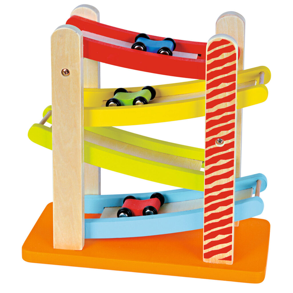 Kugelbahn aus Holz 4-teilig, Lernspielzeug mit drei Autos, 25 x 24 x 10 cm