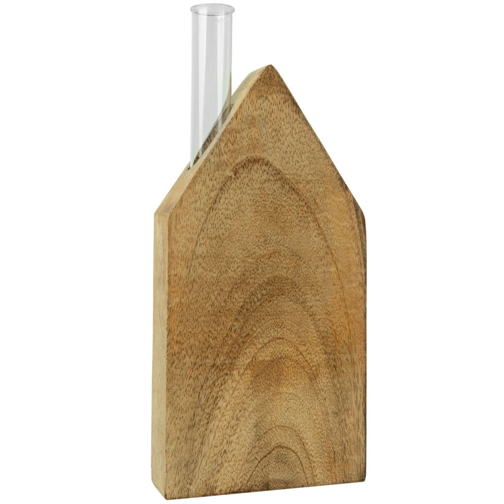 Aufsteller Haus mit Glasröhrchen, Blumenvase, Glas, Mangoholz, 9 x 18 x 3 cm