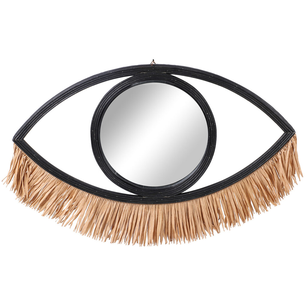 Spiegel mit Bambusrahmen und Bastfransen, Augenspiegel, schwarz, braun 62 x 41 cm