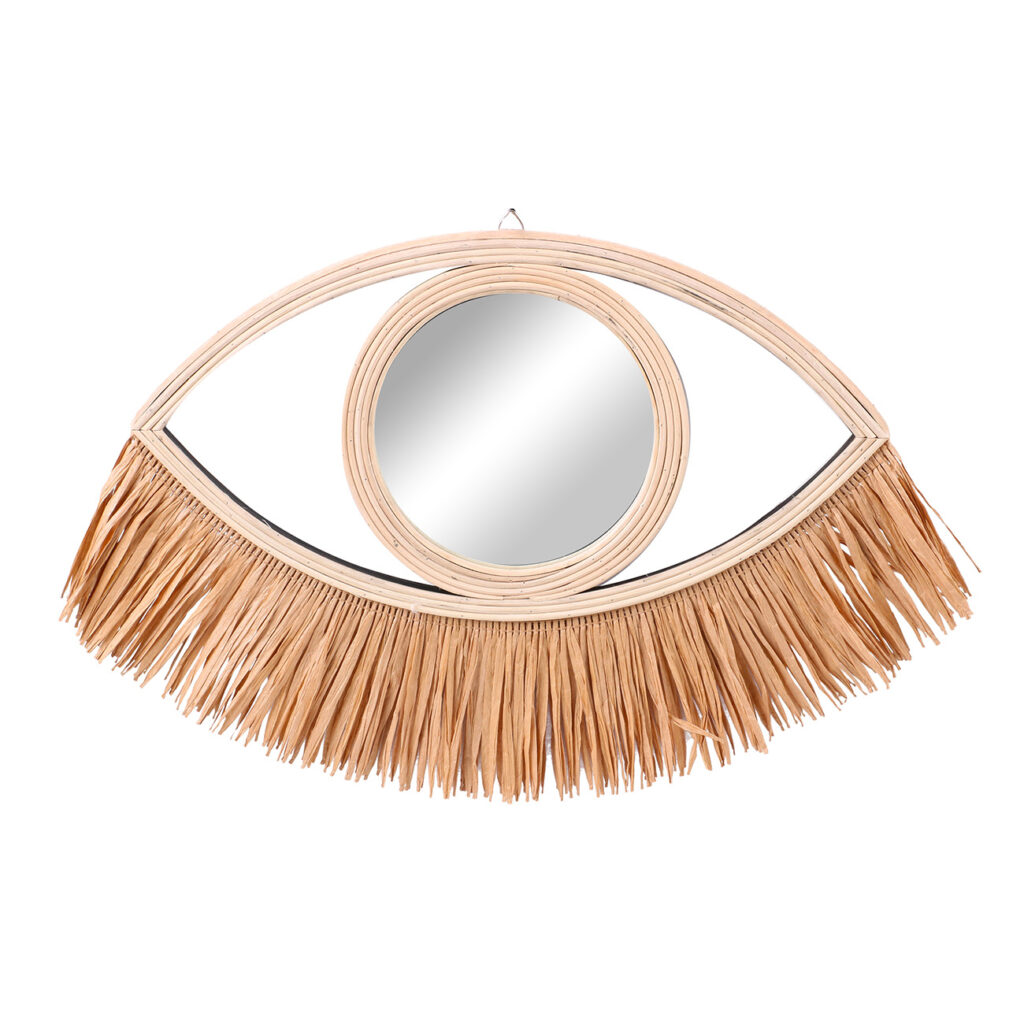 Spiegel mit Bambusrahmen und Bastfransen, Augenspiegel, beige, braun, 41 x 31 cm