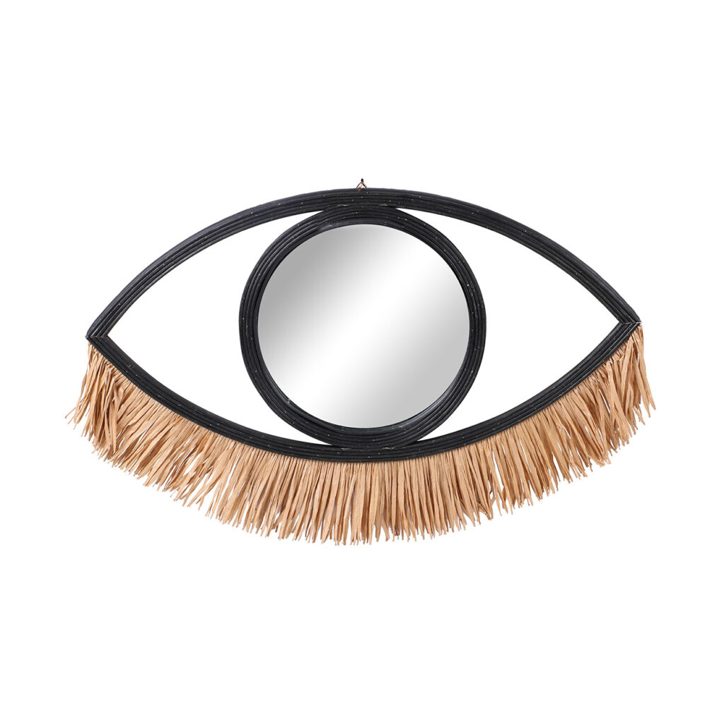 Spiegel mit Bambusrahmen und Bastfransen, Augenspiegel, schwarz, braun, 41 x 31 cm