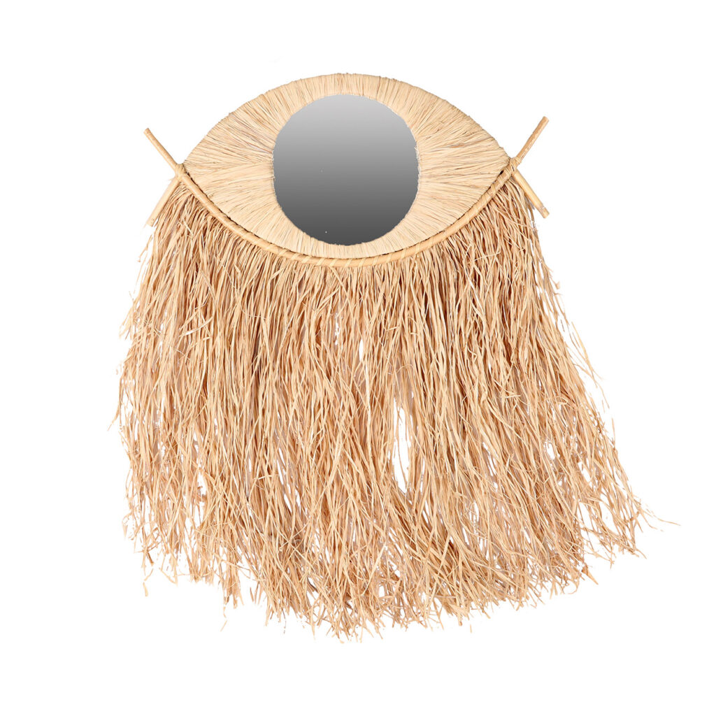 Spiegel mit Bambusrahmen und langen Bastfransen, Augenspiegel, braun, 48 x 23 – 65 cm