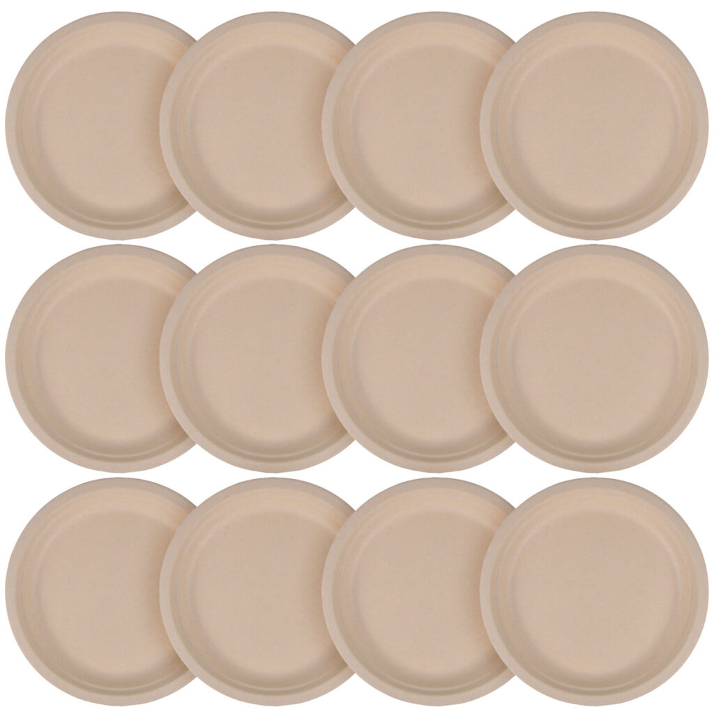 Teller rund aus Zuckerrohr 12er-Set, Teller biologisch abbaubar, 18 x 18 cm
