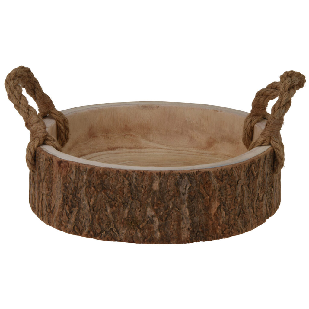 Holzschale rund aus Pauwloniaholz, Dekoschale mit Henkel, braun, Ø 32 x 10 cm